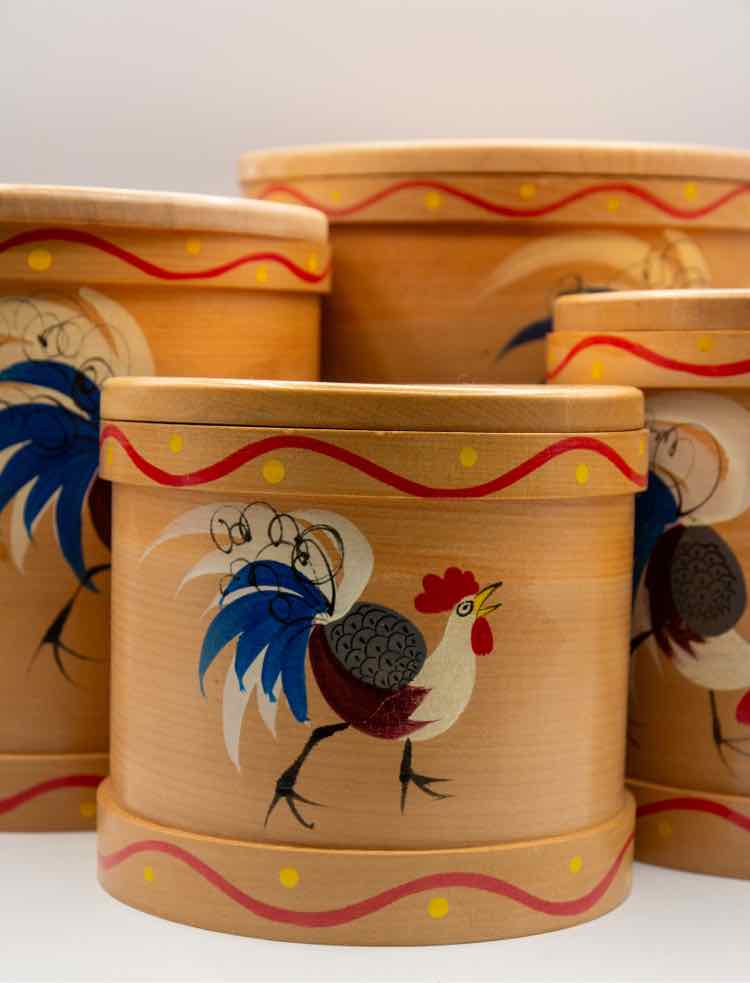 4pc Vtg. Rooster Nesting Wood Canisters