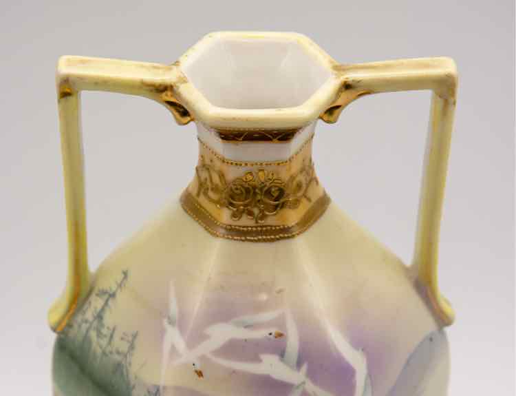 Painted Asian Vase w/ Gilded Gold Rim 9"