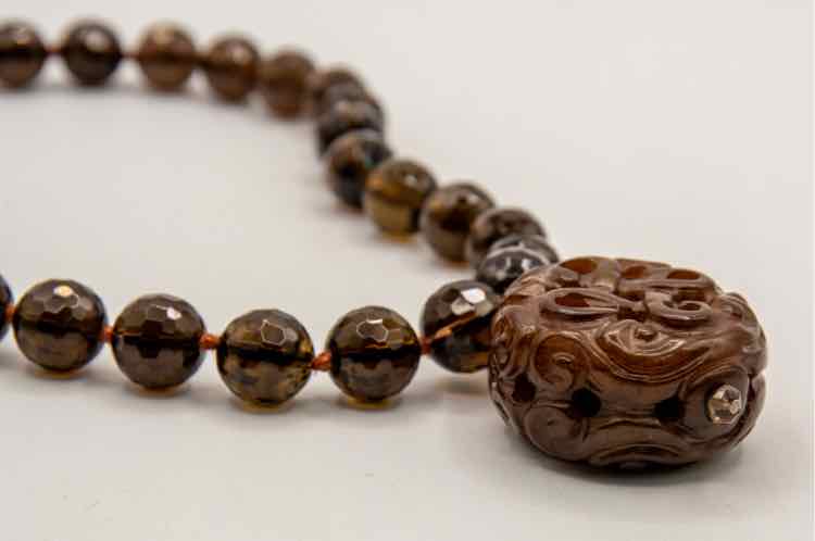 Carved Jade .925 Smoky Quartz Necklace
