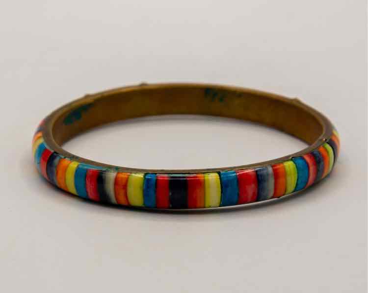 Vtg. Multi-Colored Inlaid Brass Bracelet