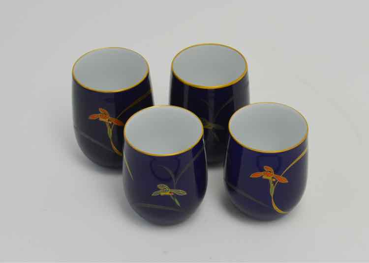 4 Koransha Cobalt Blue Orchid Tea Cups