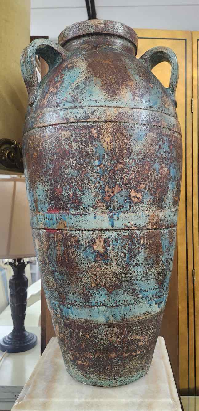 Pair Vintage Boho Brown, Teal & Gold Large Ceramic Vases