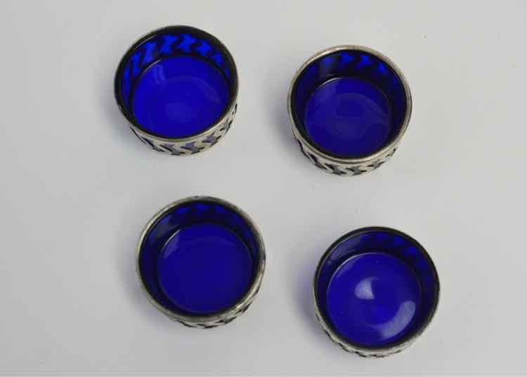 Set of 4 Sterling Silver Framed Cobalt Salt Dishes