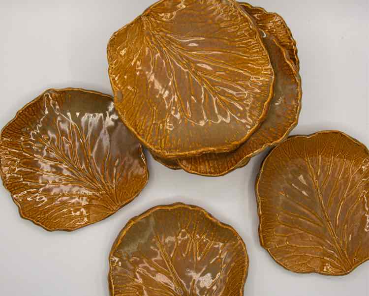 Set of 10 Leaf Pattern Pottery Salad Plates