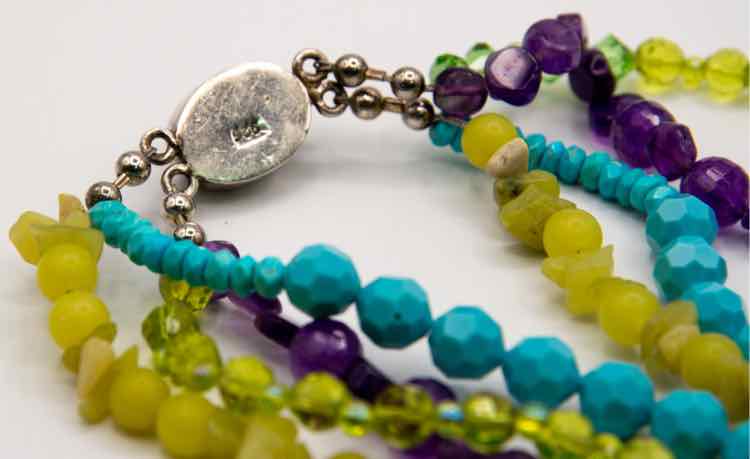 Vtg. .925 Purple/Green/Blue Beaded Necklace