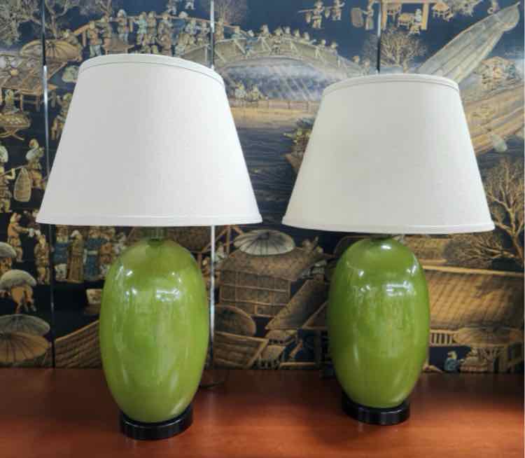 Pair of Green Crackle Porcelain Lamps