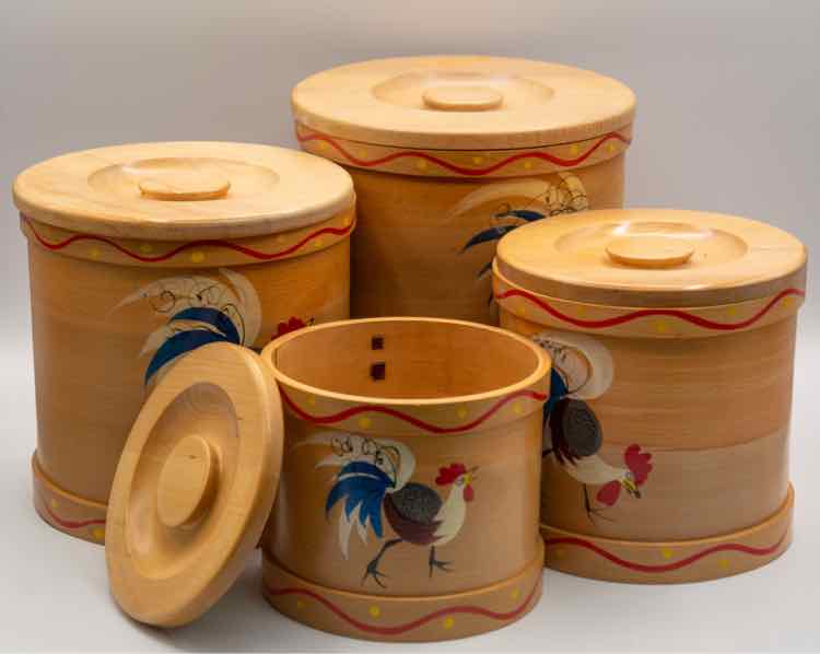 4pc Vtg. Rooster Nesting Wood Canisters