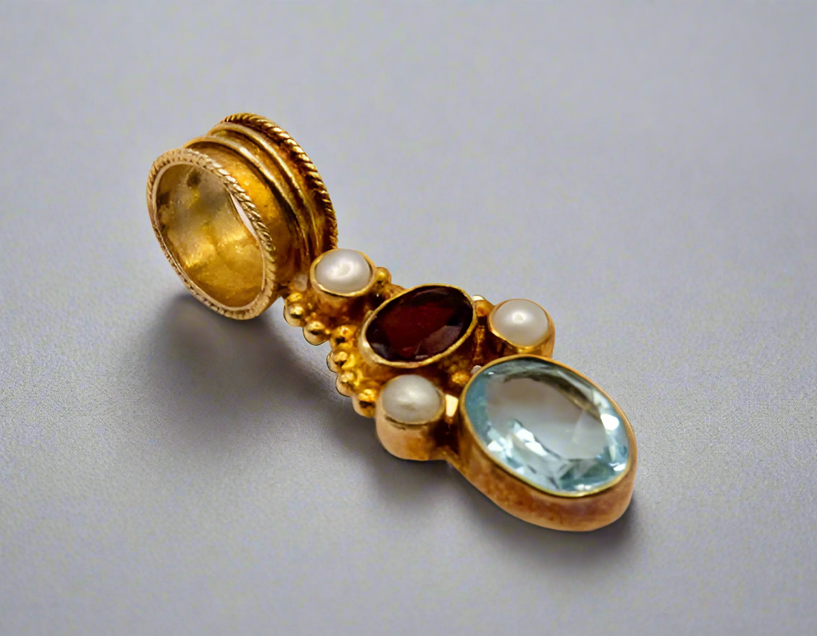 Polly Peachman Blue Topaz/Garnet/Pearl Earrings/Pendant