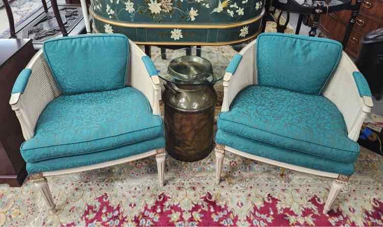 Pair of Green Upholstered Cane Back Chairs