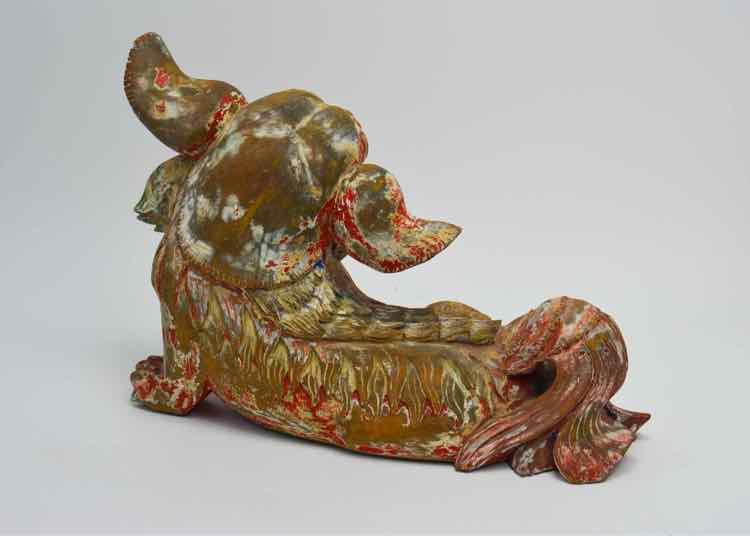 Signed Chinese Painted Wooden Foo Dog Sculpture