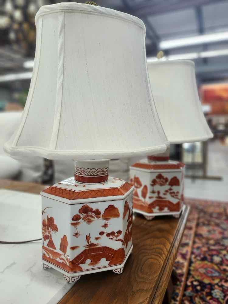 Pair of Orange/White Japanese Chinoiserie Lamps