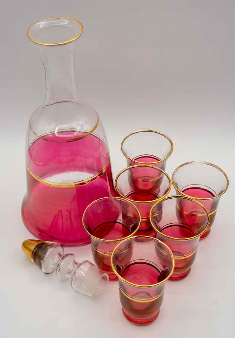 Vtg. Cranberry Decanter w/6 Cordials