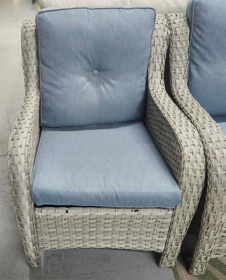 Pair of Wicker Arm Chairs w/Blue Cushions