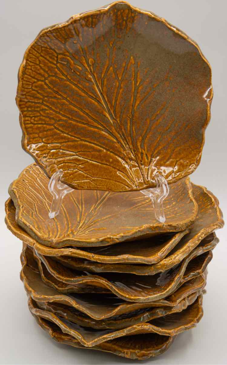 Set of 10 Leaf Pattern Pottery Salad Plates
