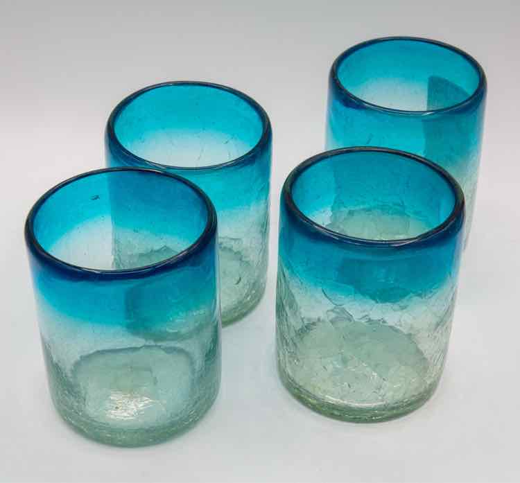 4 Handblown Mex. Crackle Low Ball Glasses