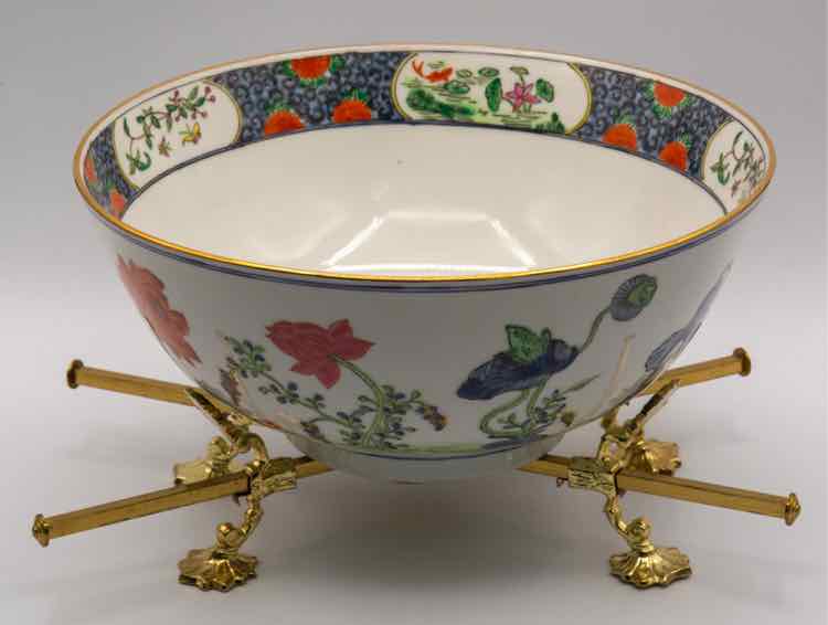Vtg. Porcelain Bowl w/Lotus Koi & Stand