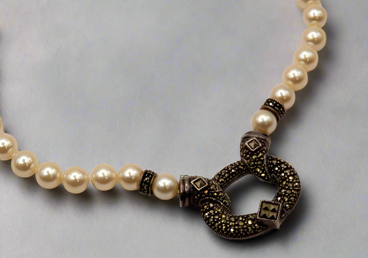 Vtg.Judith Jack Marcasite Faux Pearl