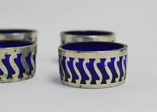 Set of 4 Sterling Silver Framed Cobalt Salt Dishes