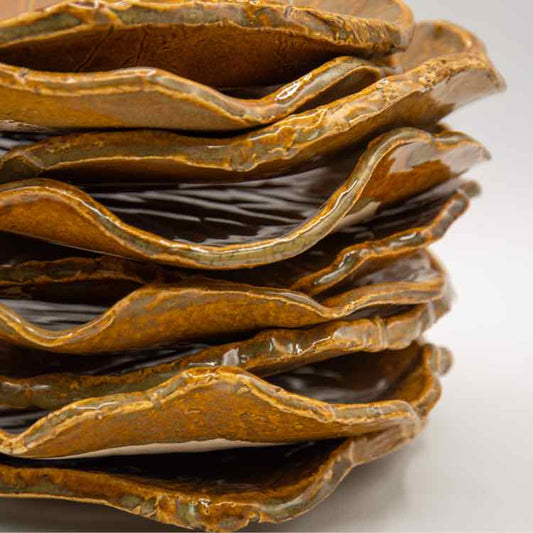 Set of 10 Leaf Pattern Pottery Salad Plates