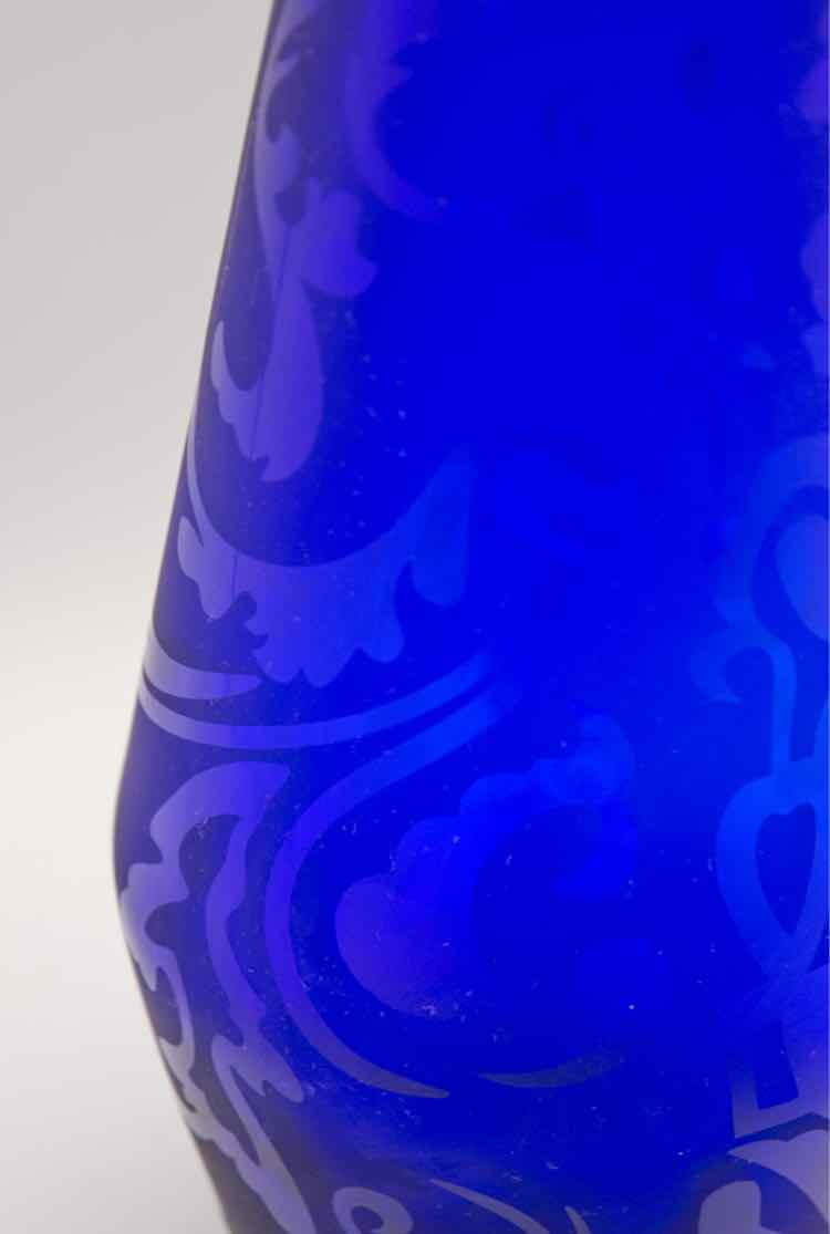Vtg. Cobalt Blue Etched Vase 10”