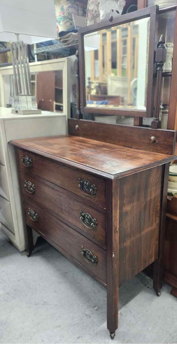 Antique 3 Drawer Cabinet w/Mirror