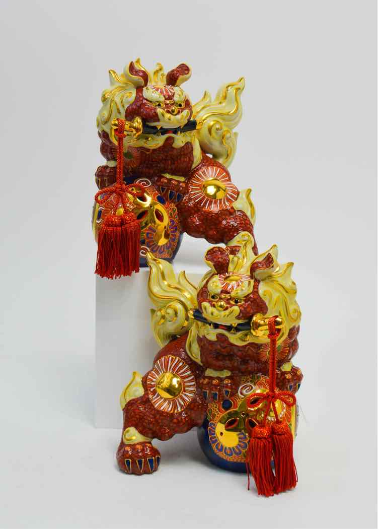 Pair of Porcelain Japanese Kutani Temple Foo Dog Figurines