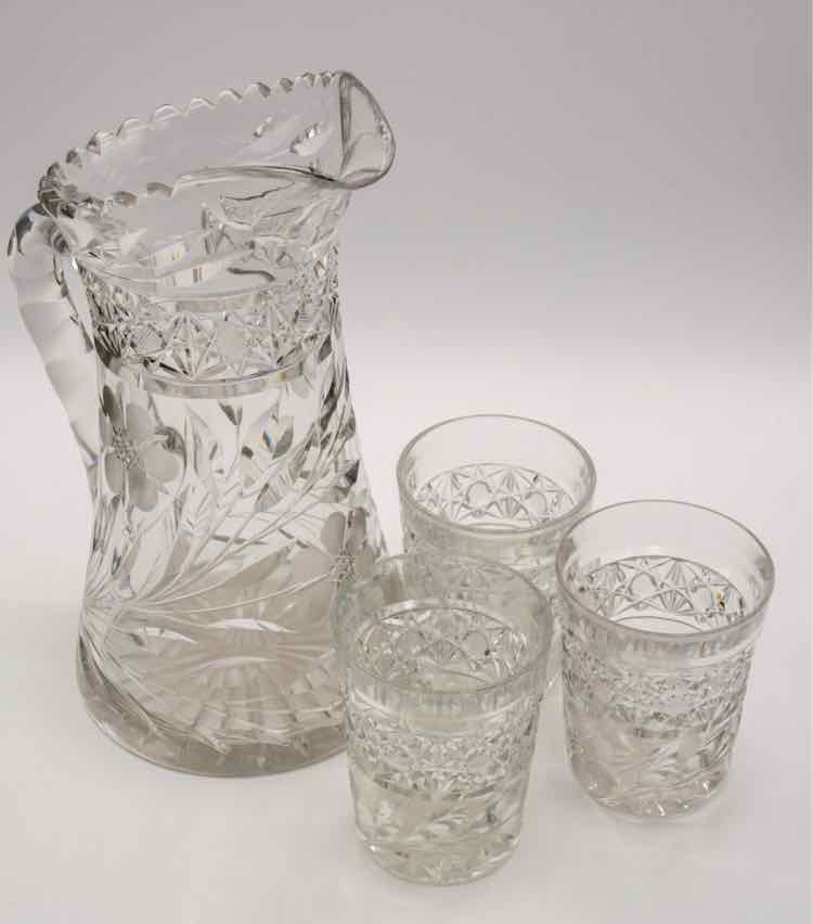 Cut Crystal Pitcher & 3 Juice Glass