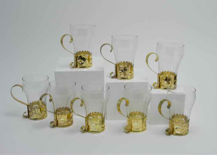 8 Irish Coffee Glasses w/Goldtone Holders