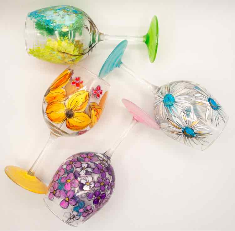 4 Hand Painted Floral Goblets
