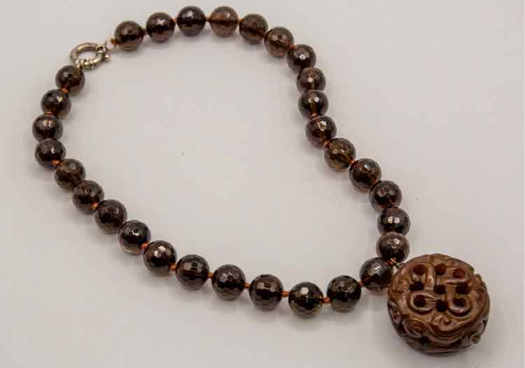 Carved Jade .925 Smoky Quartz Necklace