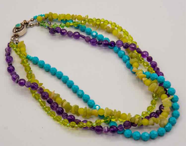 Vtg. .925 Purple/Green/Blue Beaded Necklace