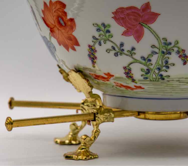 Vtg. Porcelain Bowl w/Lotus Koi & Stand