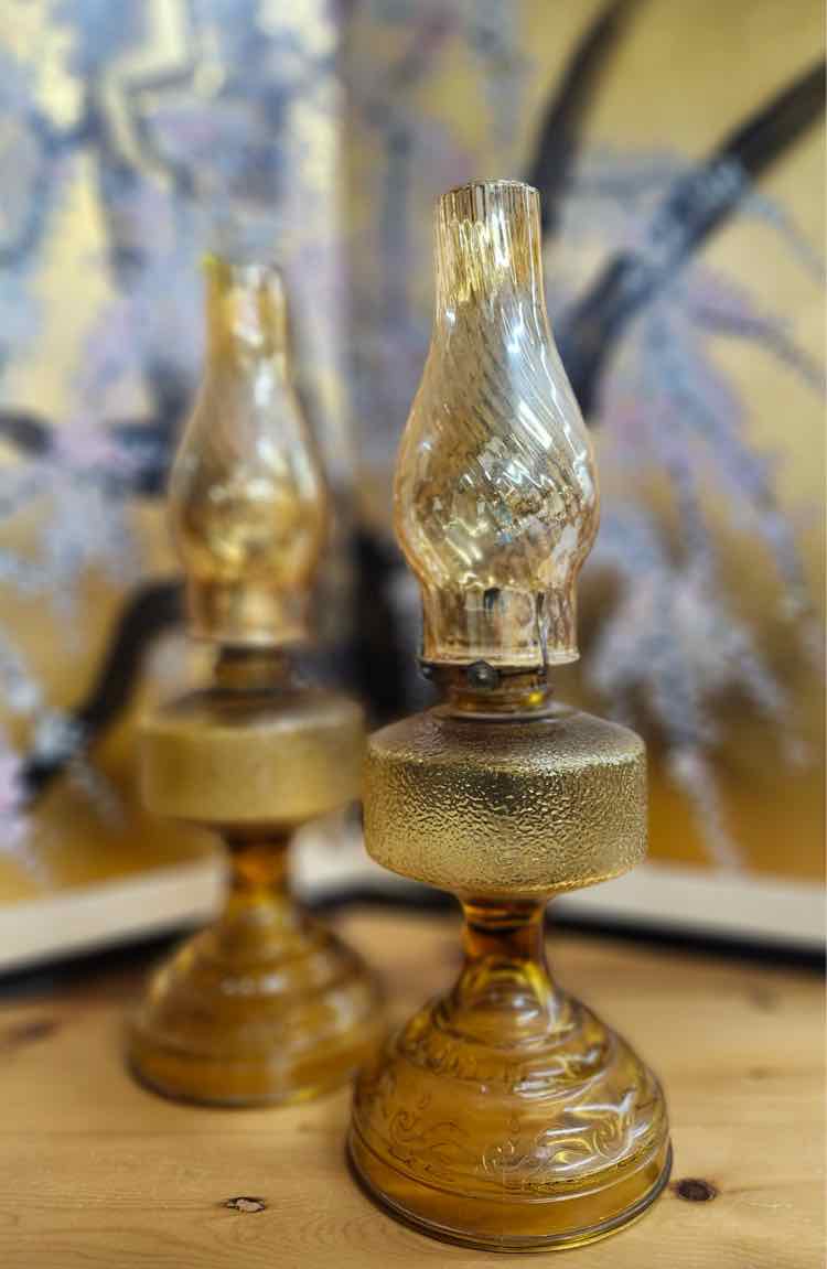 Pair Amber Glass Oil Lamps