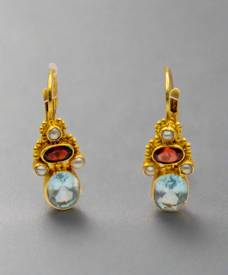 Polly Peachman Blue Topaz/Garnet/Pearl Earrings/Pendant