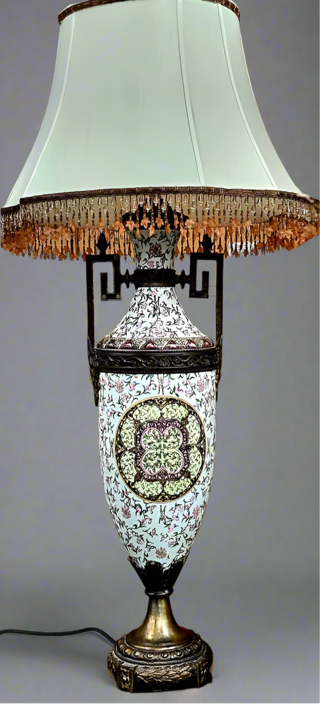 Pair Antique European Bronze & Porcelain Floral Lamps