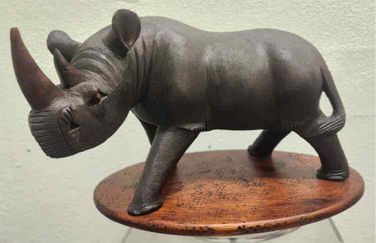 Rhinoceros Sculpture, Wood with Metal Paint on Stand