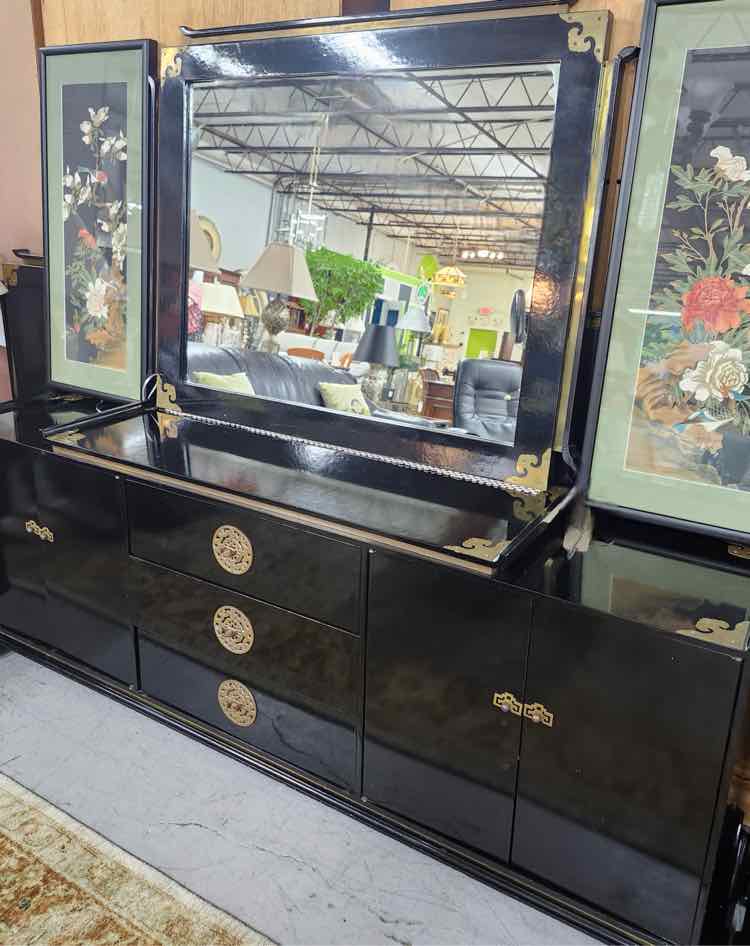 Black Lacquer Dresser w/ Brass Accents & Mirror