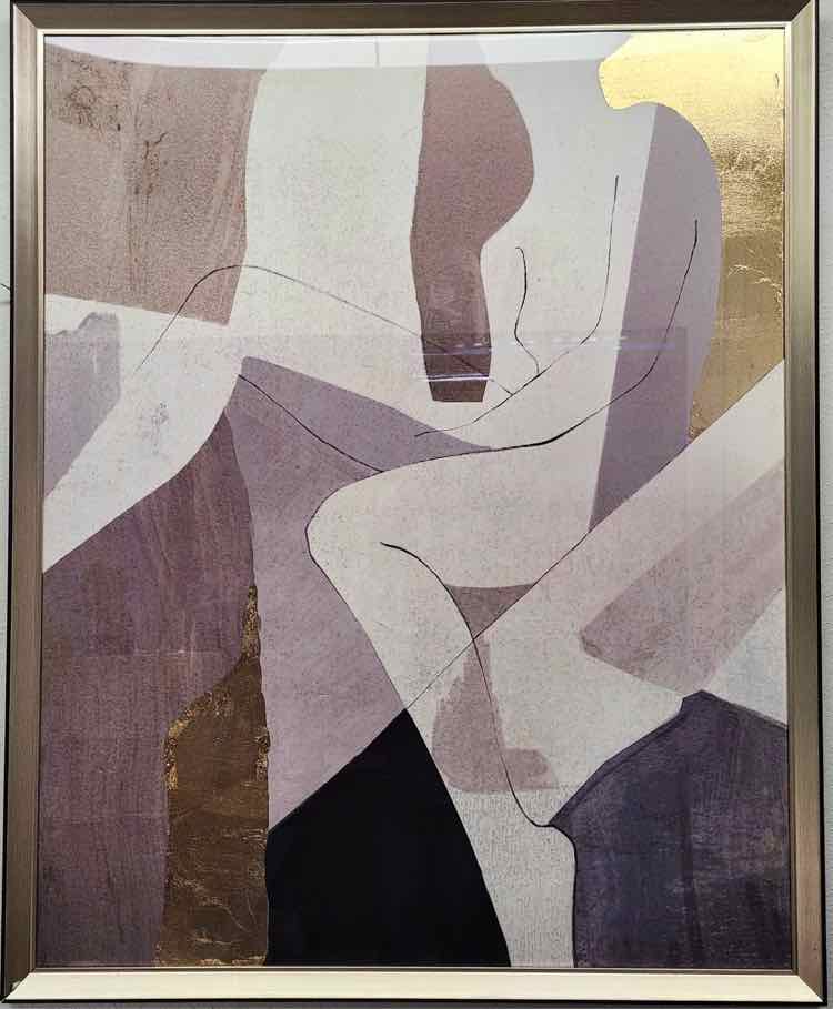 Art Abstract Nude in Gold, Tan and Black Mixed Media, Framed