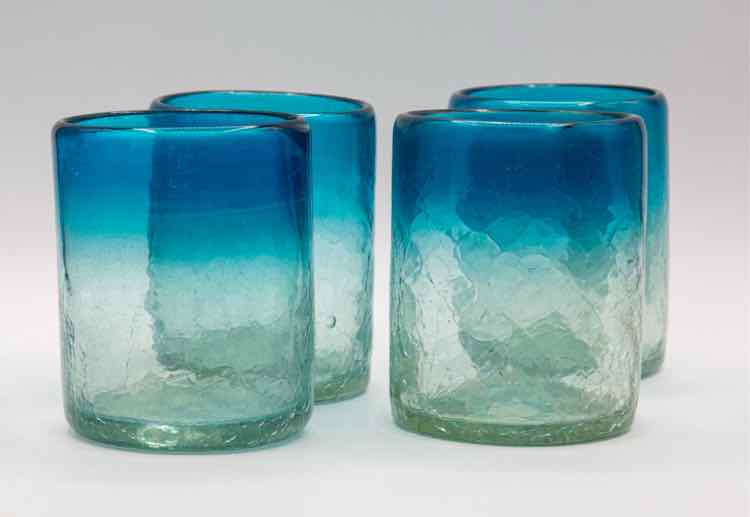 4 Handblown Mex. Crackle Low Ball Glasses