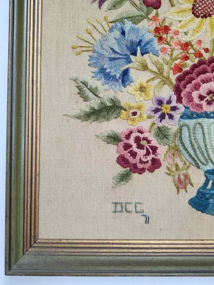 "Mixed Floral Crewel in Blue Vase" Vtg. 1971