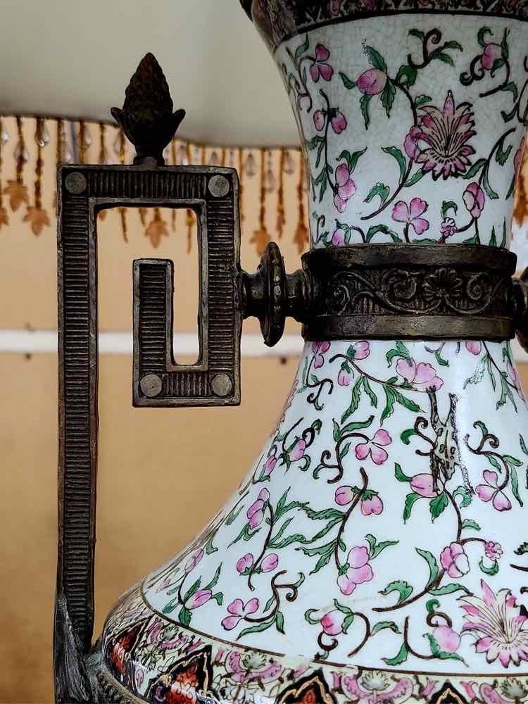 Pair Antique European Bronze & Porcelain Floral Lamps