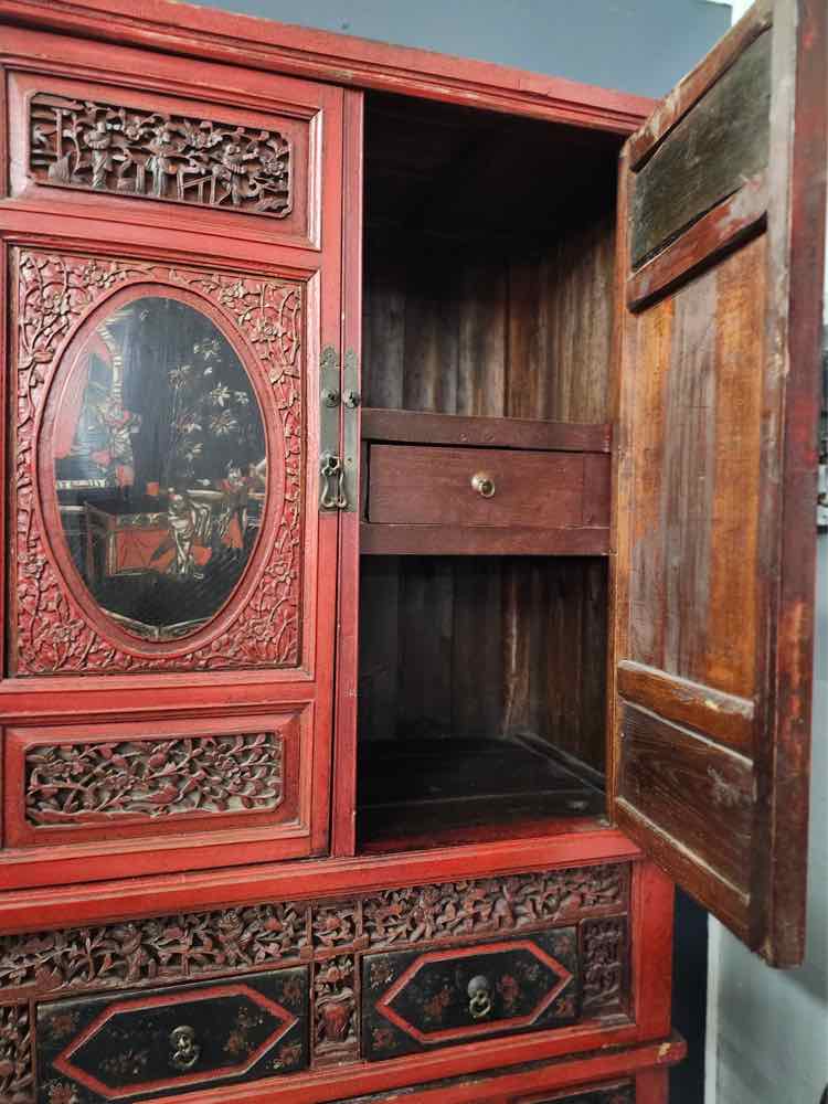 Antique 2pc Red Armoire Cabinet