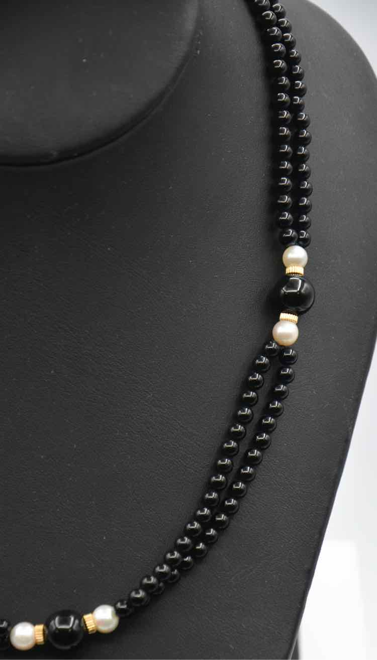 14K Onyx/Pearl/Gold Bead Necklace