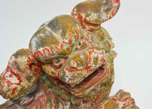 Signed Chinese Painted Wooden Foo Dog Sculpture