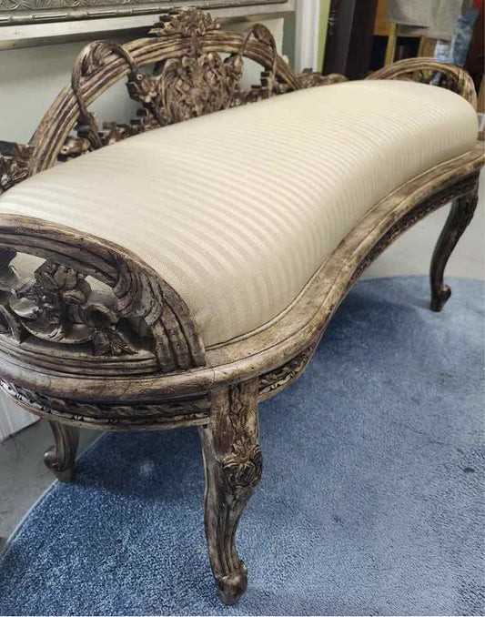 French Louis Style Pinstripe Upholstered Bench