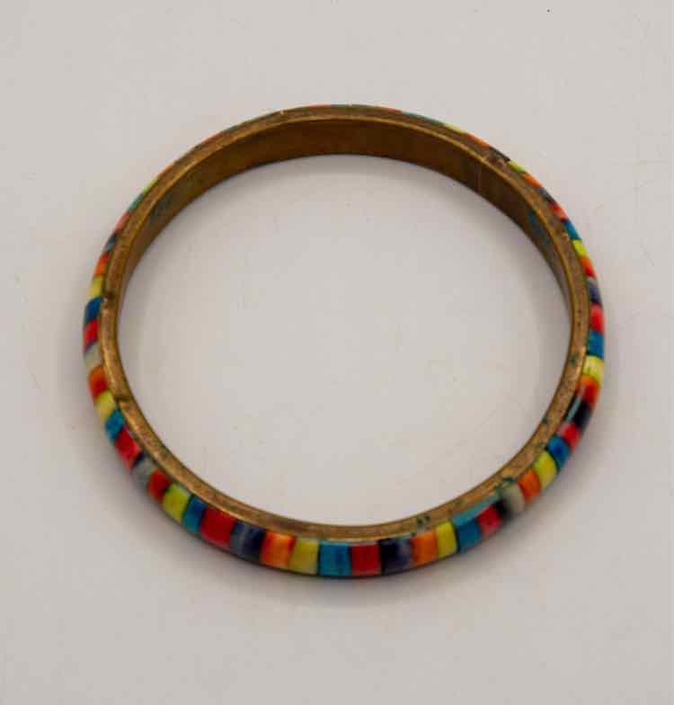 Vtg. Multi-Colored Inlaid Brass Bracelet