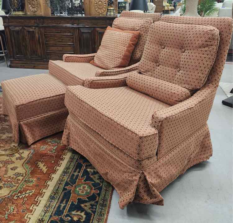 Pair of Orange Print Chairs w/Ottoman