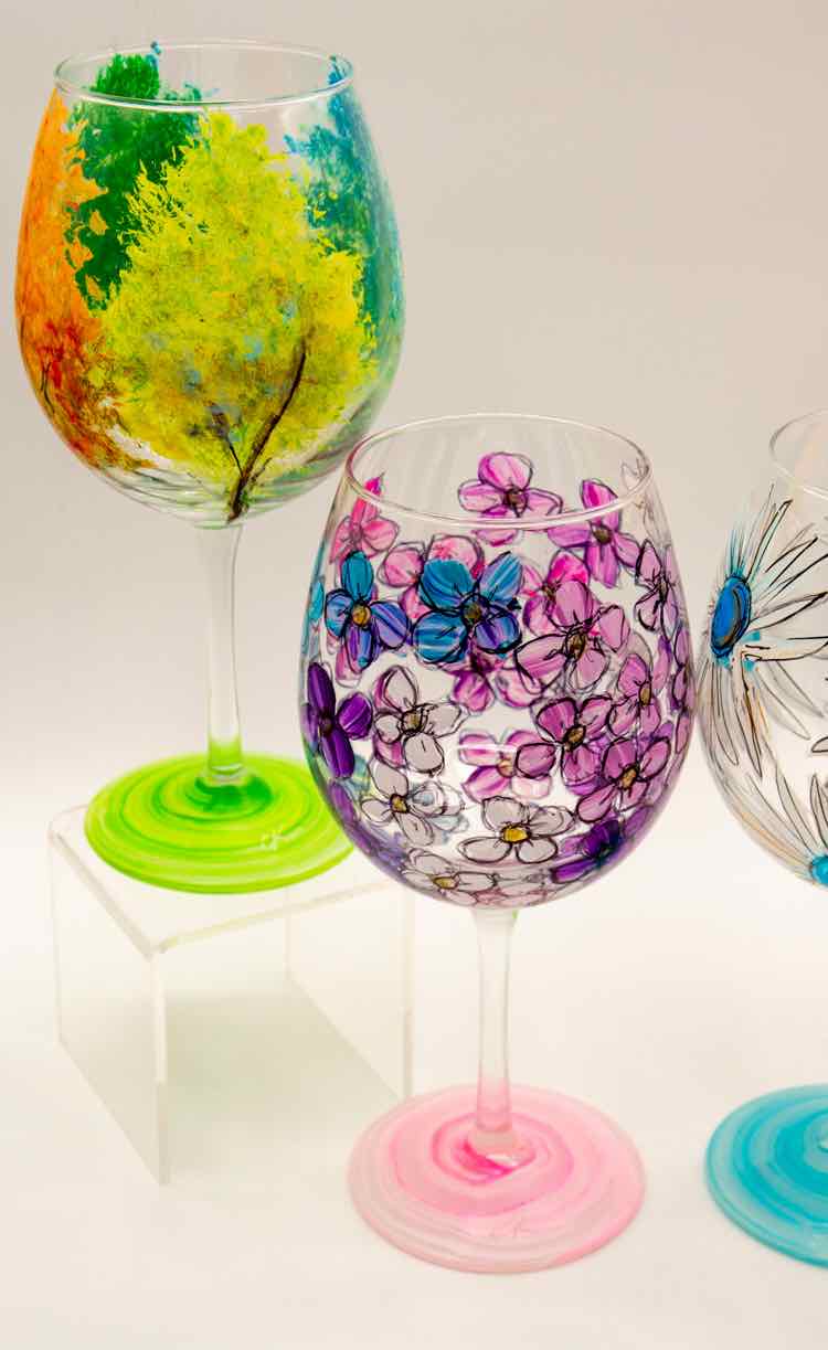 4 Hand Painted Floral Goblets