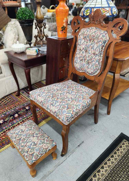 Wooden Upholstered Chair w/Ottoman