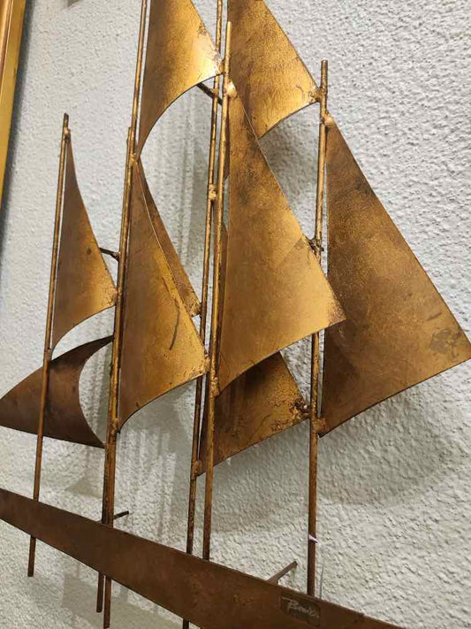 "Groovy Waves" Brass Sailboat Wall Sculpture by W. Bowie